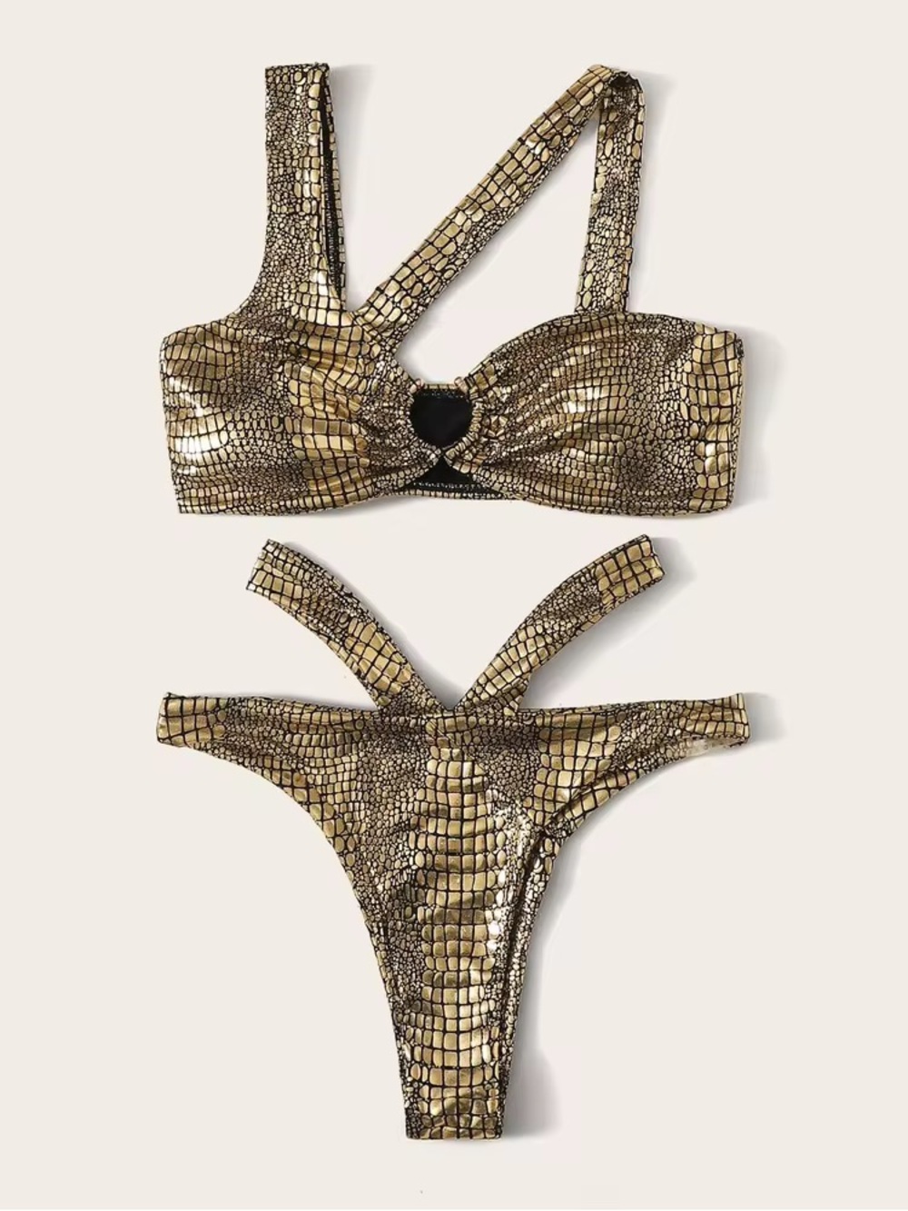 Metallic Crocodile Ring Linked High Cut Bikini Set Size Small